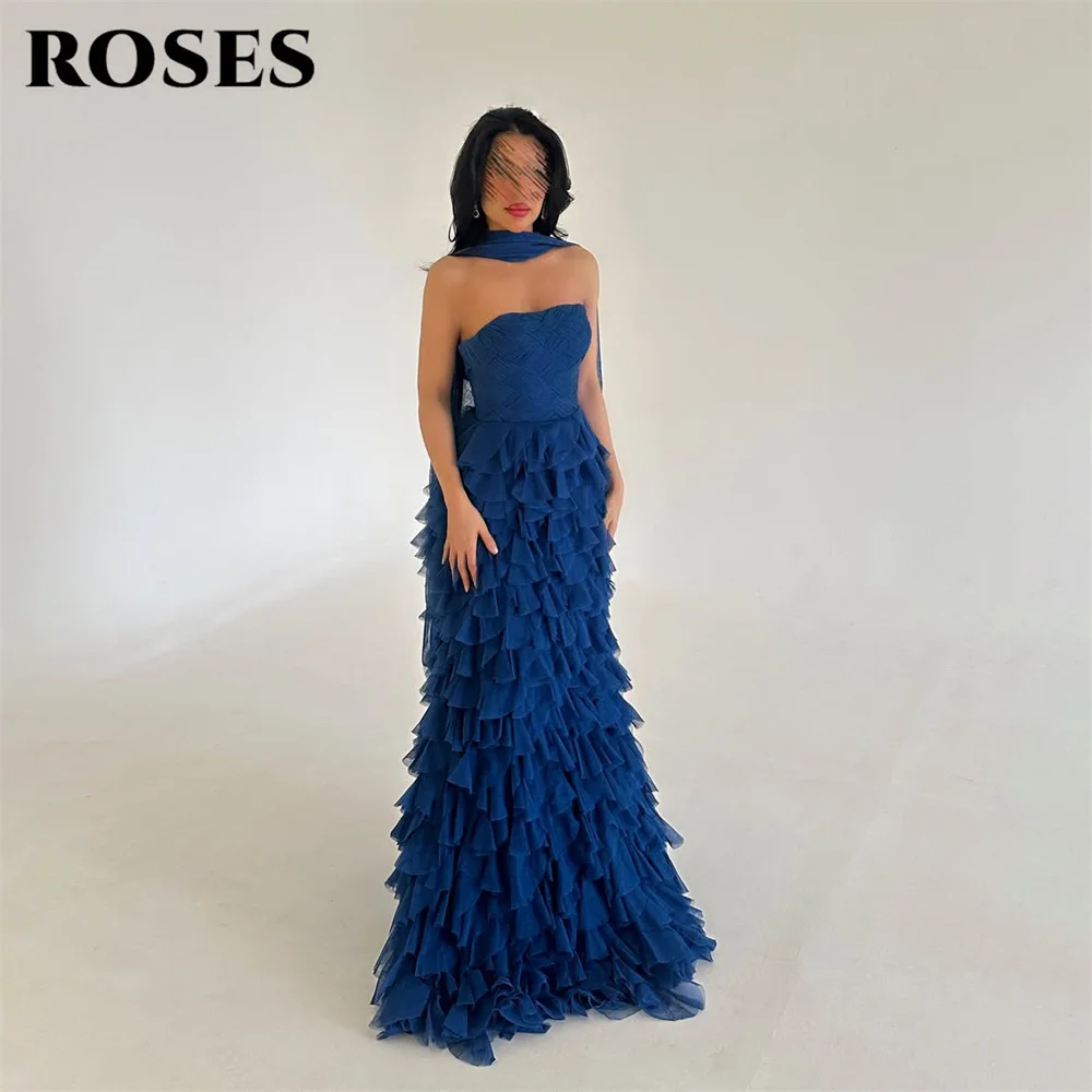 

ROSES Royal Blue Party Dress with Tiered Ruffle Tulle Evening Dress Strapless Formal Gown Draped Neck Sash Prom Gown Customized