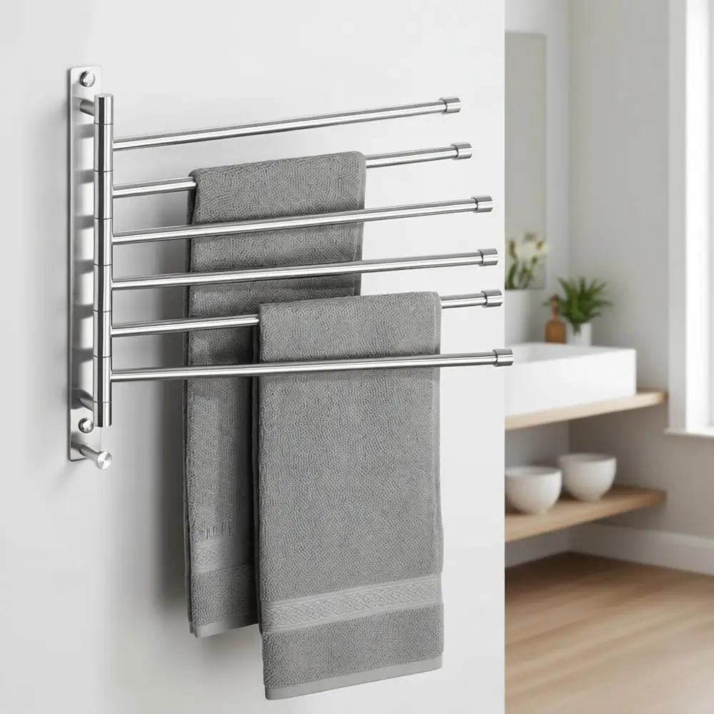 

Компактный настенный держатель для полотенец из нержавеющей стали с 6 поворотными кронштейнами, для ванной комнаты, отделка матовый никель