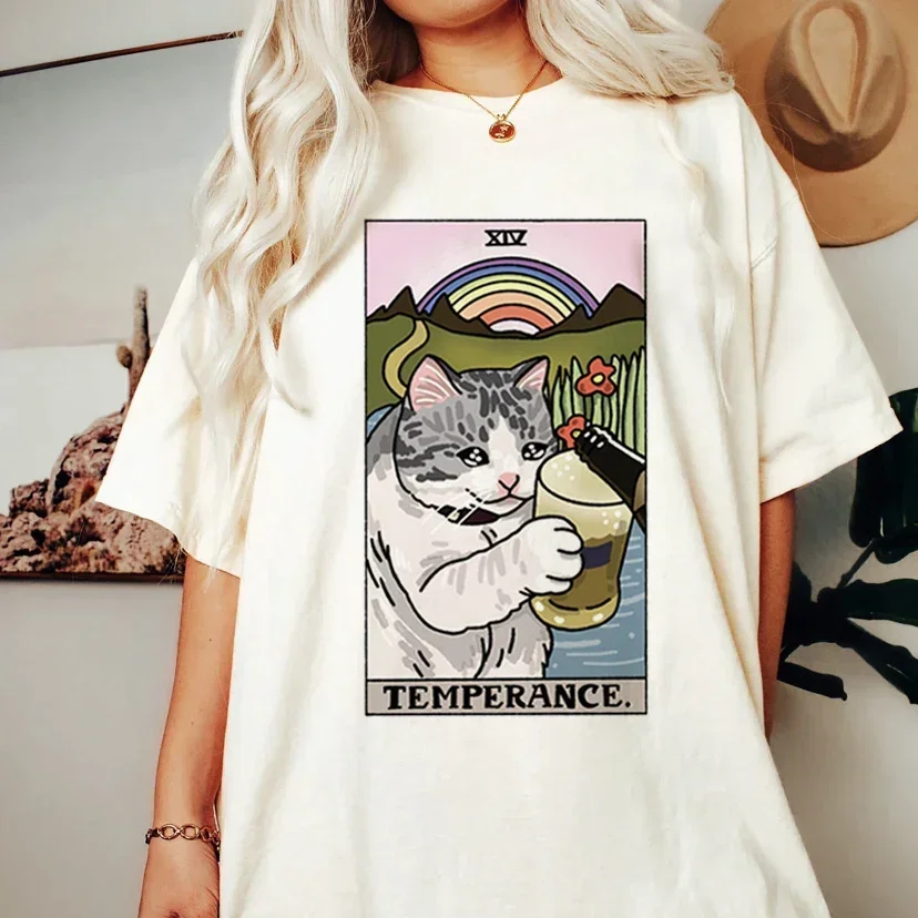 Harajuku 90s Women\'s New Casual Kawaii Tarot Cat Graphic Print high street Loose Oversize O Neck Short Sleeve Tops Tees Unisex