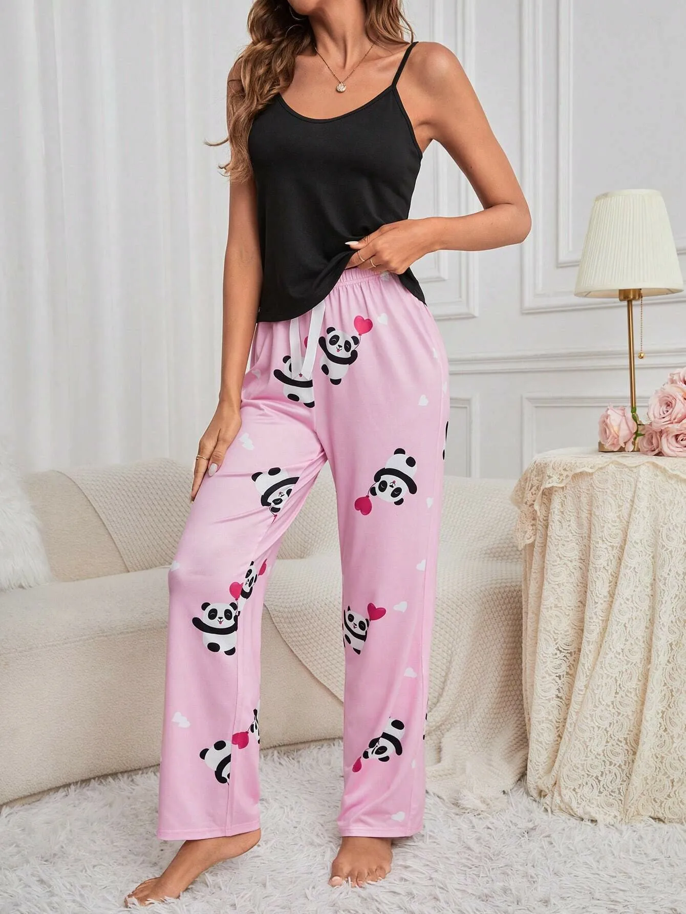 Women\'s new style pajamas Black halter top trousers cute pattern casual elegant two-piece home wear