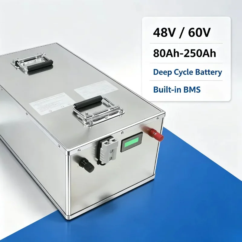 48V 60V rechargeable lithium-ion battery pack, capacity from 100AH to 200AH, equipped with charger, suitable for golf cart, trac