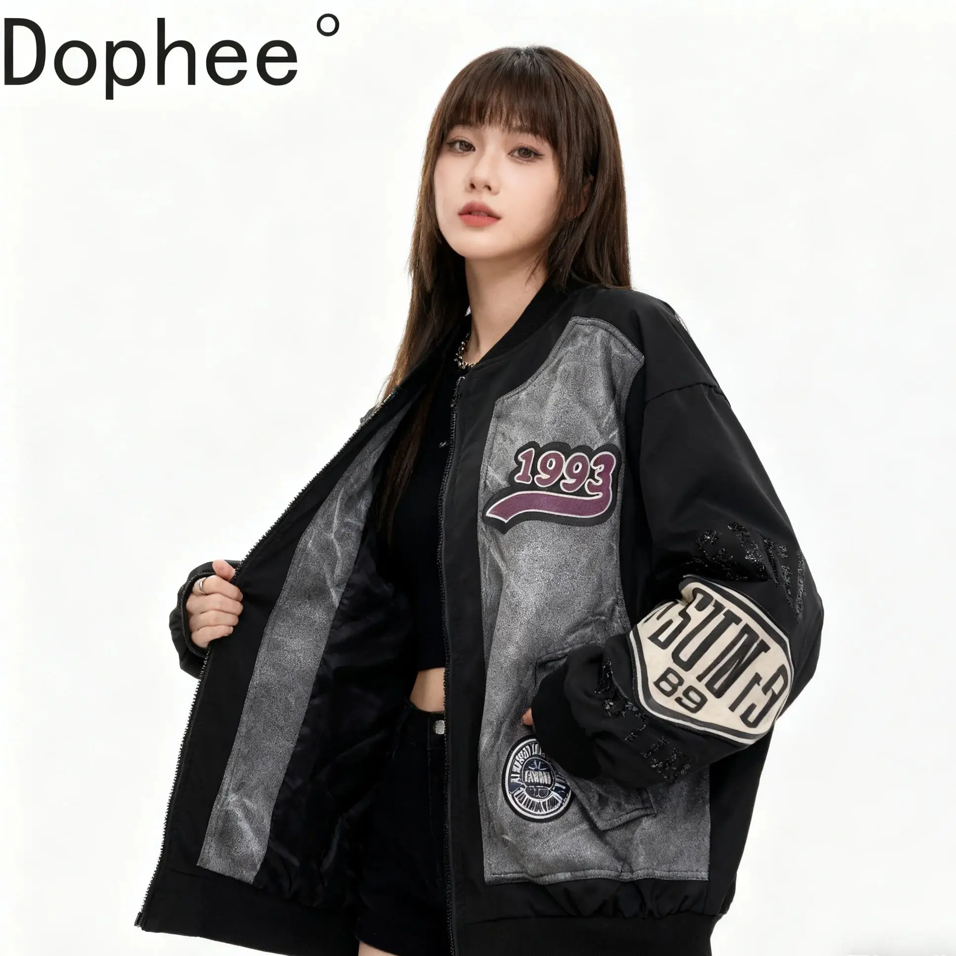 

Contrast Color Fashion Autumn Winter Baseball Uniform Letters Printed Loose Stand Collar Cardigans Coat American Street Jackets