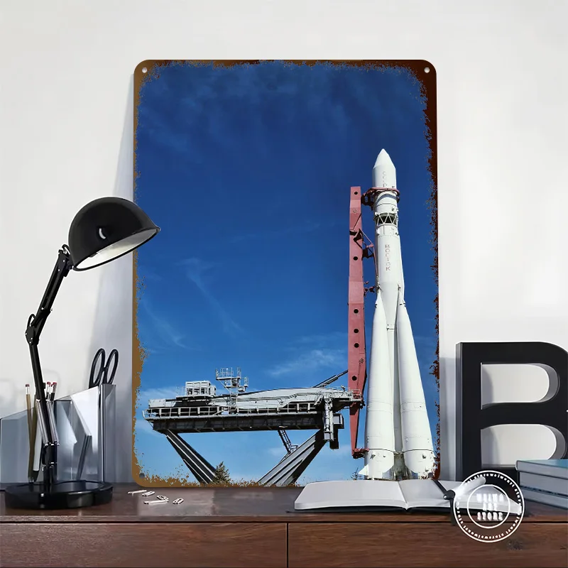 Vostok Rocket on Launch Pad 3D Printed Texture Poster Personalized Wall Art Retro Metal Tin Signs for Room Accessories Wand Deko