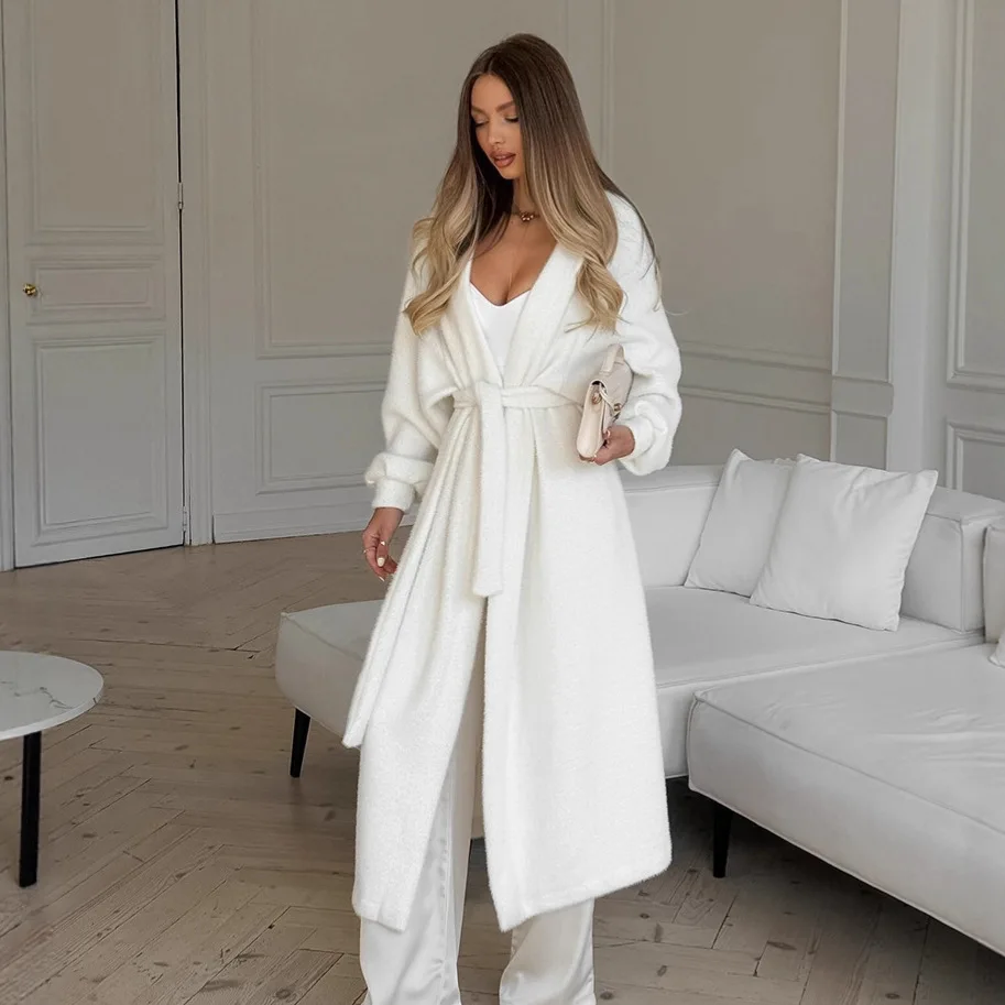 الخريف المرأة فو المنك سترة بلون الدانتيل يصل الخصر حزام معطف لسيدة مترهل نمط طويل الإناث سترة صوفية #2