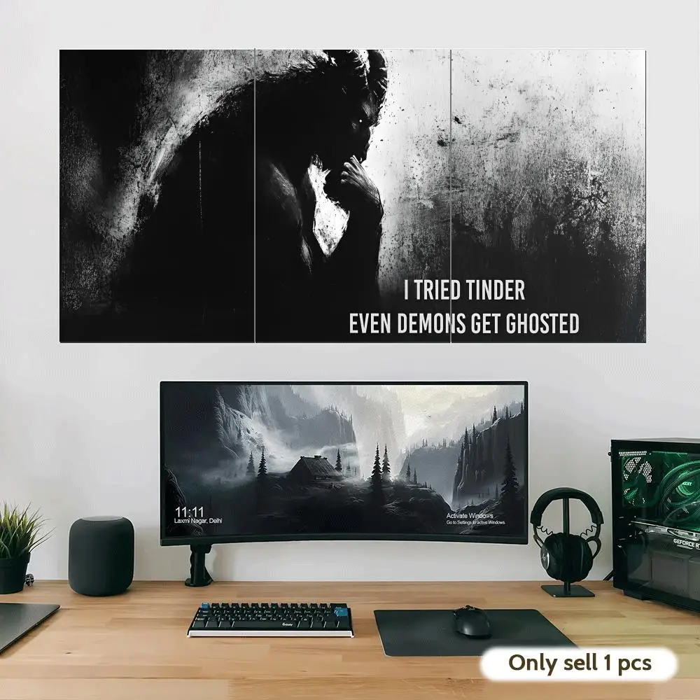 Monochrome dark demon quote Painting Calligraphy 3 Panel Canvas Poster HD Wall Art Painting Room Decor