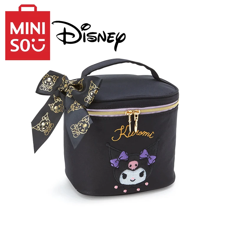 MINISO Fashion Kuromi Makeup Bag Cartoon Print Large Capacity Storage Bag Washing Bag Handheld Makeup Bag Cylinder Bag