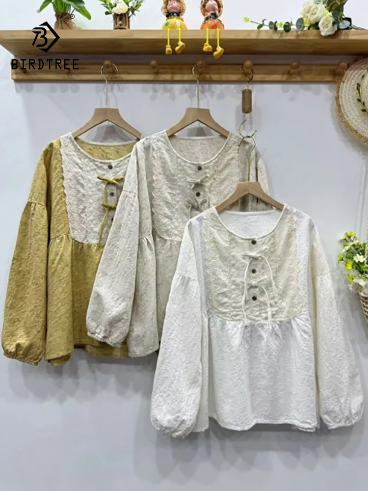 

New 2025 Autumn Cotton Long Sleeve Shirt, Women O Neck Printed Lace Bow, Mori Girl French Sweet Commute Loose Blouse T56919CC