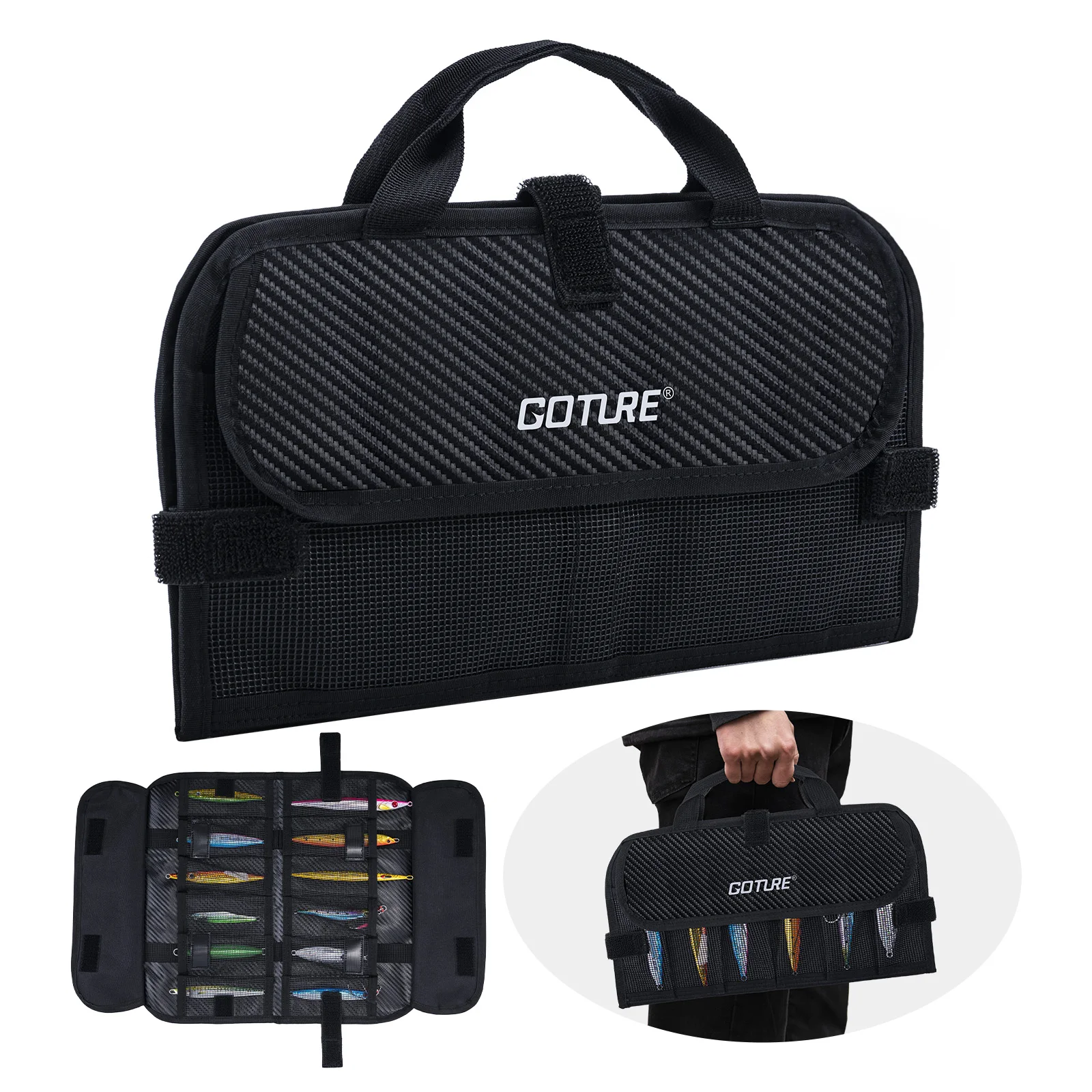 Tas Umpan Pancing Goture dengan Kantong Jaring Tahan Air 600D PU, Tas Umpan Pancing Air Asin dan Air Tawar, Kompartemen yang Dapat Dilepas