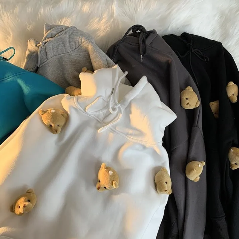 Harajuku Kawaii Tops Y2k Cute Bear Doll Hoodies Girl Sweatshirt Spring Winter Female Loose Casual Oversize Pullover Korean Style