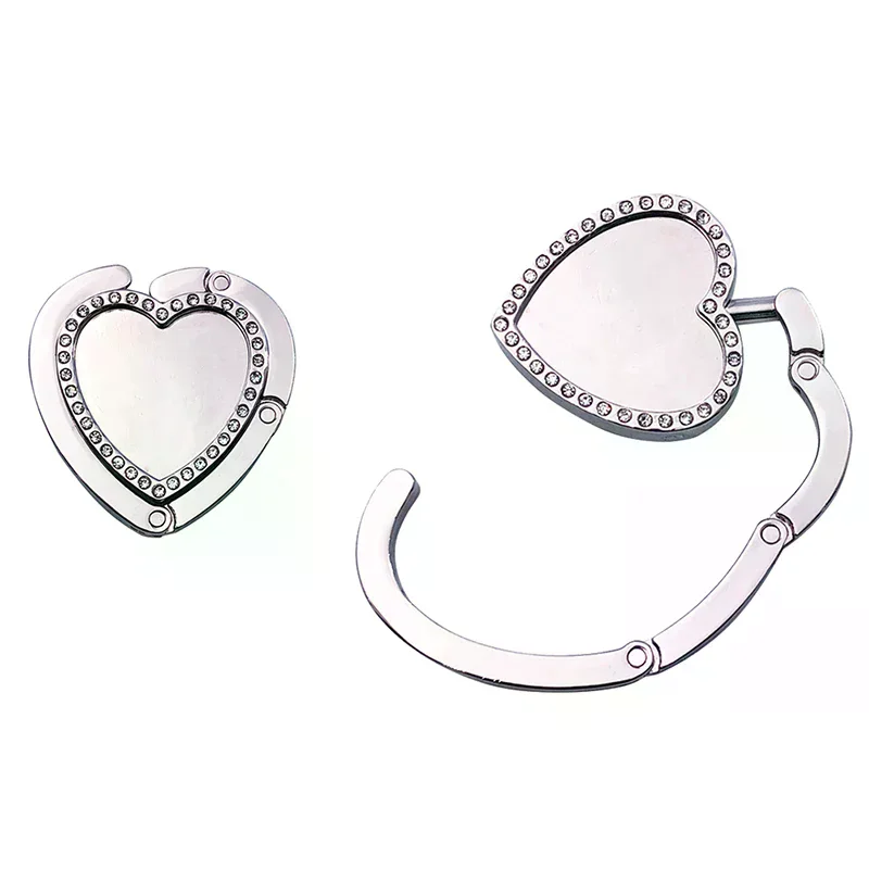 Bag Hook Portable Folding Bag Hanger Hook Fashion Crystal Heart-shaped Purse Handbag Holder Table Hook Bag Parts Accessories 1Pc