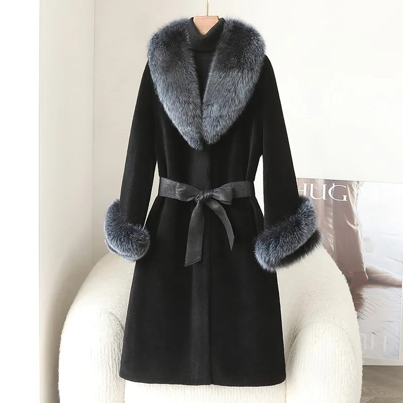 

Pellet Sheep Shearling Elegant Coat Female 2024 Winter New Fox Hair Collar Real Wool Long Warm Jacket JT436