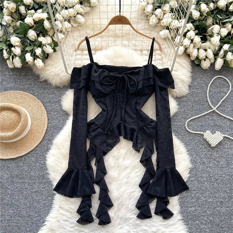 أسود وردي قبالة الكتف المرأة طويلة مضيئة كم قميص أبيض المشمش مائل الرقبة غير النظامية أعلى الأشرطة خريف جديد الكشكشة ضئيلة بلوزة