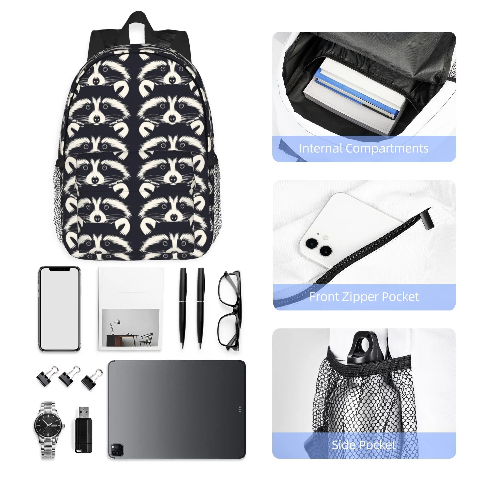Black and White Raccoon Face Pattern Backpack Hot Sale Daypack Boys Girls BookBag Shoulder Bags for Men Women School Bag