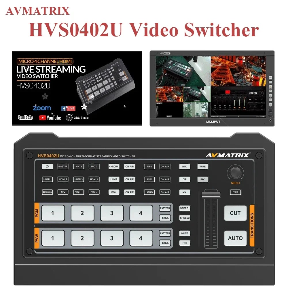 AVMATRIX HVS0402U Live Streaming Video Switcher MICRO 4 Channel HDMI-Compatible Multi-View Out Multi-Format Audio Mixer Media