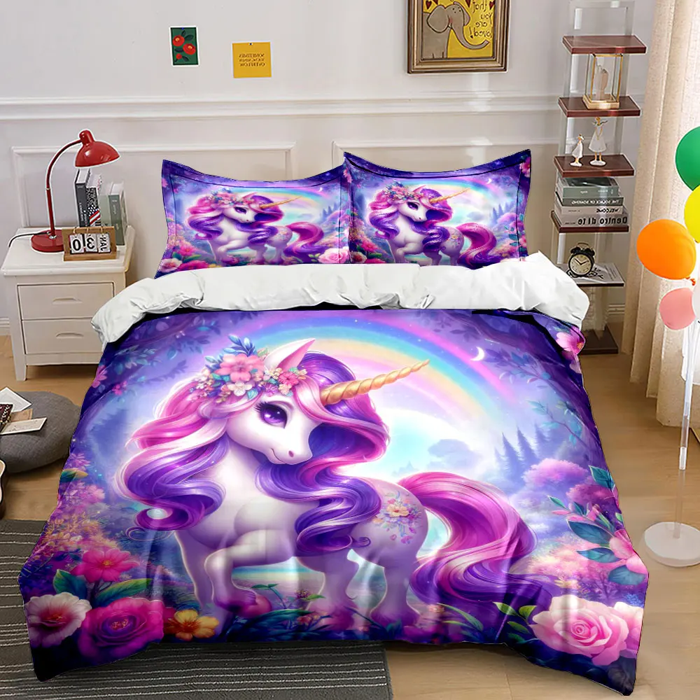 Magical unicorn in rainbow forest Print Bedding Set 1 Duvet Cover 2 Pillowcases for Adult and Children Luxury Gift Full Size