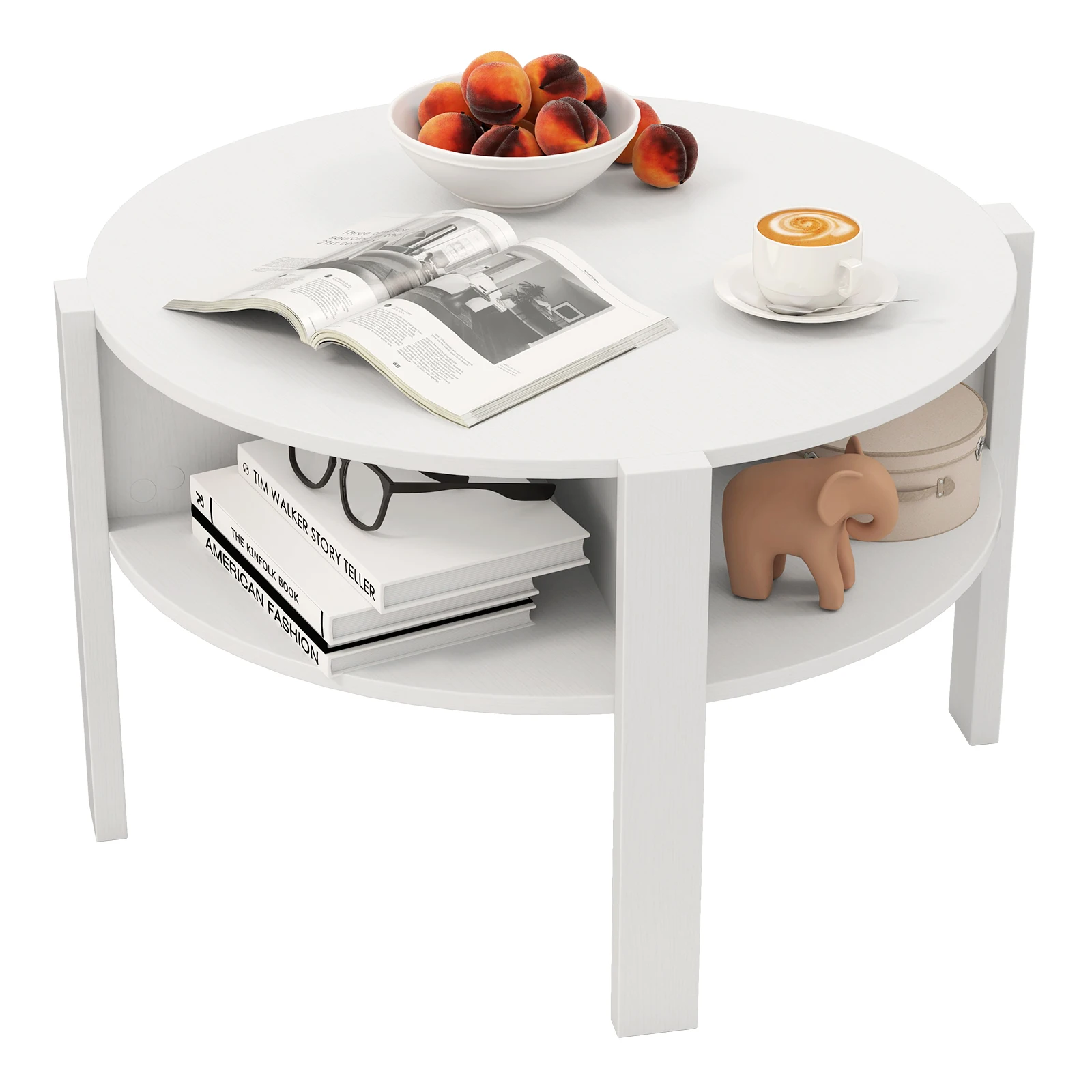 Mesa de centro redonda de 2 niveles con almacenamiento, mesa de cóctel de té, mesa decorativa para el hogar con tapa de madera sintética, mesa auxiliar redonda