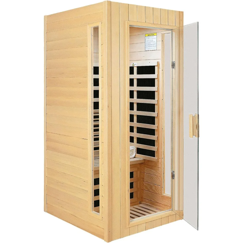 Sauna de infrarrojos lejanos Sauna de madera canadiense Hemlock para 1 persona, 1300 W bajo EMF con panel de control, altavoces Bluetooth, lámpara de lectura LED