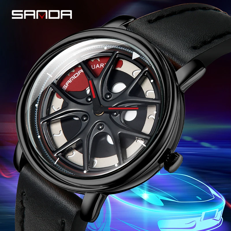 SANDA P1025 2023 Men\'s Quartz Watches Unique Real 3D Model Spinning Car Wheel Hub Luxury Japan Waterproof Super Rim Wristwatches