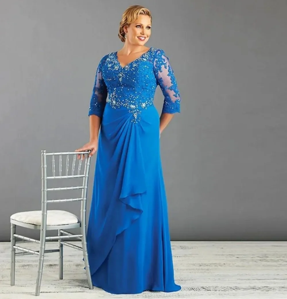 New Blue Mother Dress Lace Appliques V-Neck 3/4 Sleeves Prom Dress A-Line Chiffon Formal Evening Dress Wedding Party Dress