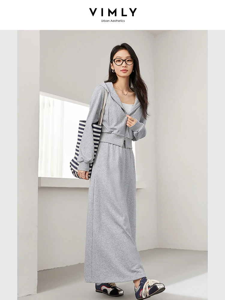 VIMLY Women\'s Office Lady Skirt Set 2026 Spring Simple Casual Hooded Cardigans Coat+Straight Long Skirt Sporty Two Piece Sets
