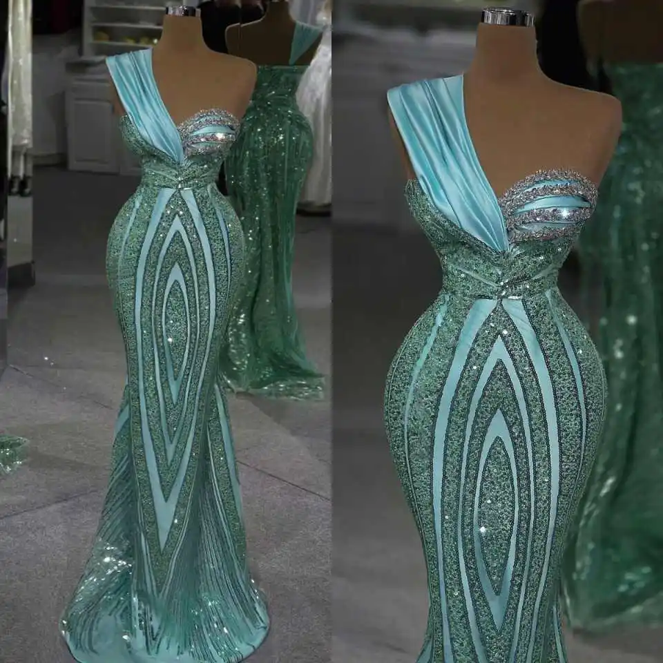 Elegant One-Shoulder Mermaid Formal Gown Sequin Patterned Satin Trim Dress for Gala Events & Special Occasions Customized