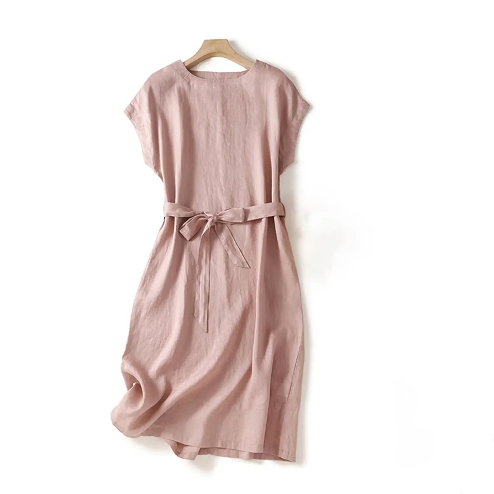 

Summer Casual Lace Up Long Dress For Women Round Neck Short Sleeve A-Line Maxi Dress Slim Waist Solid Color Female Dresses