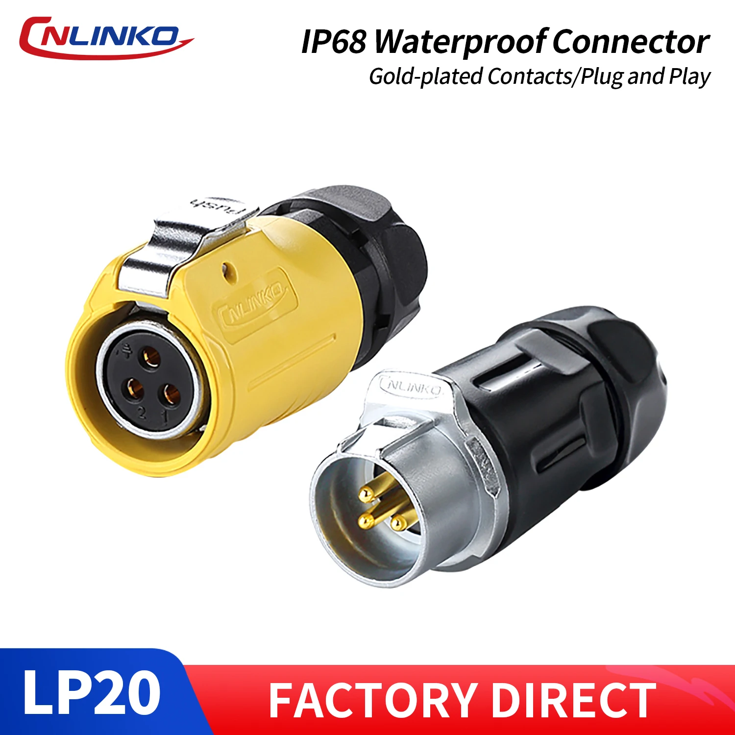 CNLINKO LP20 Industrial Power Connector 3 Pin 20A 500V IP68 Quick Release Circular Plug+Mating Socket for Outdoor LED Displays
