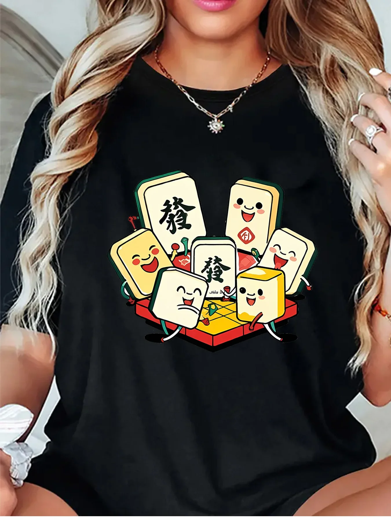 Cute Mahjong Cartoon Fortune Tile Graphic Womens T Shirt Short Sleeve Crew Neck Fun Asian Game Casual Daily Ladies Tee Cheap Top