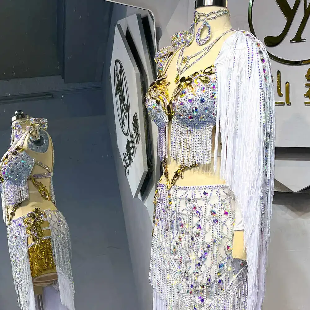 Belly Dance Competition Costume With Rhinestone Fringe Top & Tassel Skirt For Professional Stage Performance