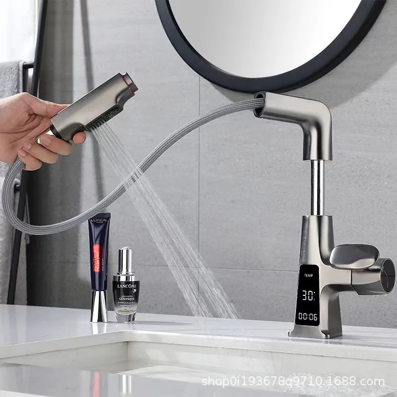 Rubinetto per lavabo da bagno Display digitale in ottone rubinetto alto per acqua sollevamento acqua calda e fredda estraibile miscelatore per lavabo da bagno rubinetto da cucina