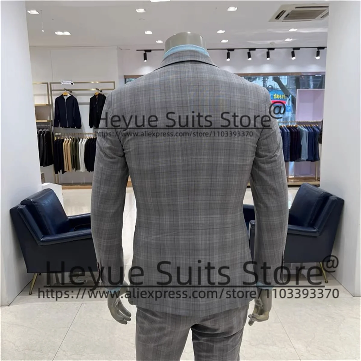 Business Gray Plaid Classic Suits For Men Groom Wedding Tuxedos Slim Fit Double-breasted Office Work 3 Pcs Sets trajes de hombre