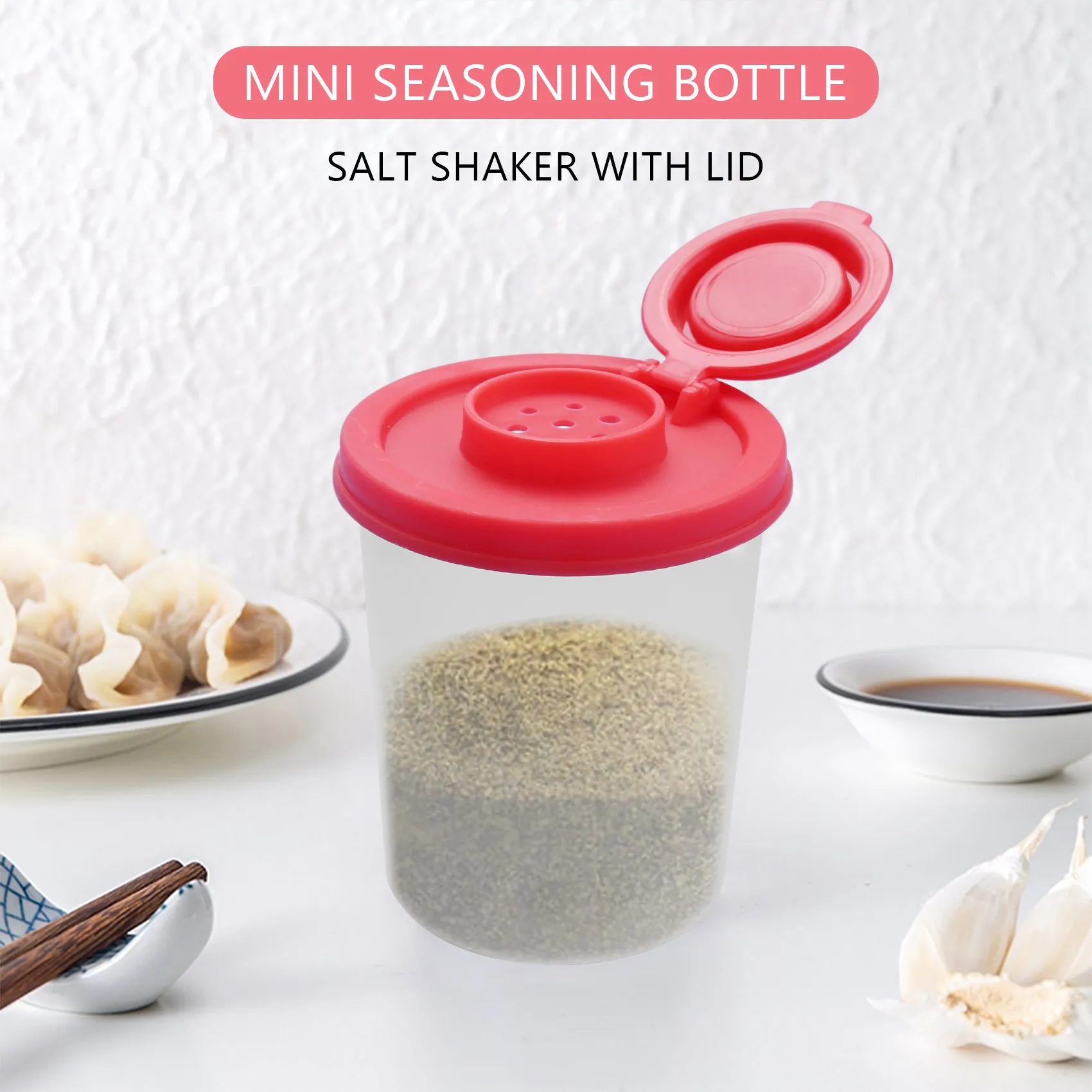 ABNQ 2 Medium Salt and Pepper Shakers Moisture Proof ,Salt Shaker with Red Covers Lids Plastic Airtight Spice Jar Dispenser