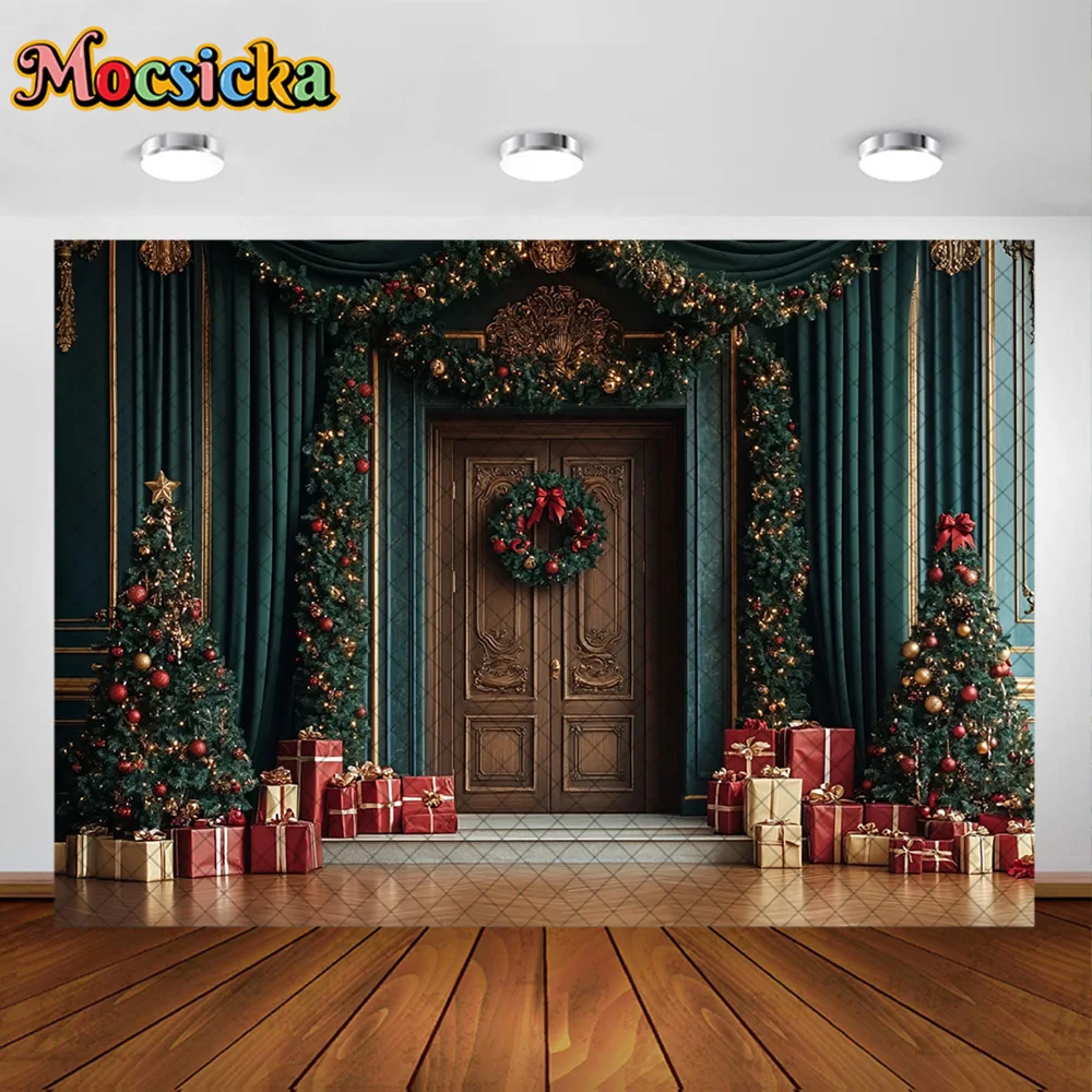 Mocsicka التصوير خلفية عيد الميلاد باب غرفة شجرة الديكور الأسرة عيد الميلاد عطلة صورة خلفيات الصور للصور