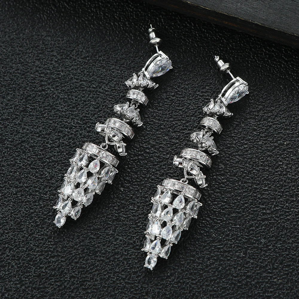 

Luxury Trendy Water Droplet Multi-layer Tassel Lantern Long Earrings For Women Wedding Cubic Zircon CZ Bridal Earring E1255
