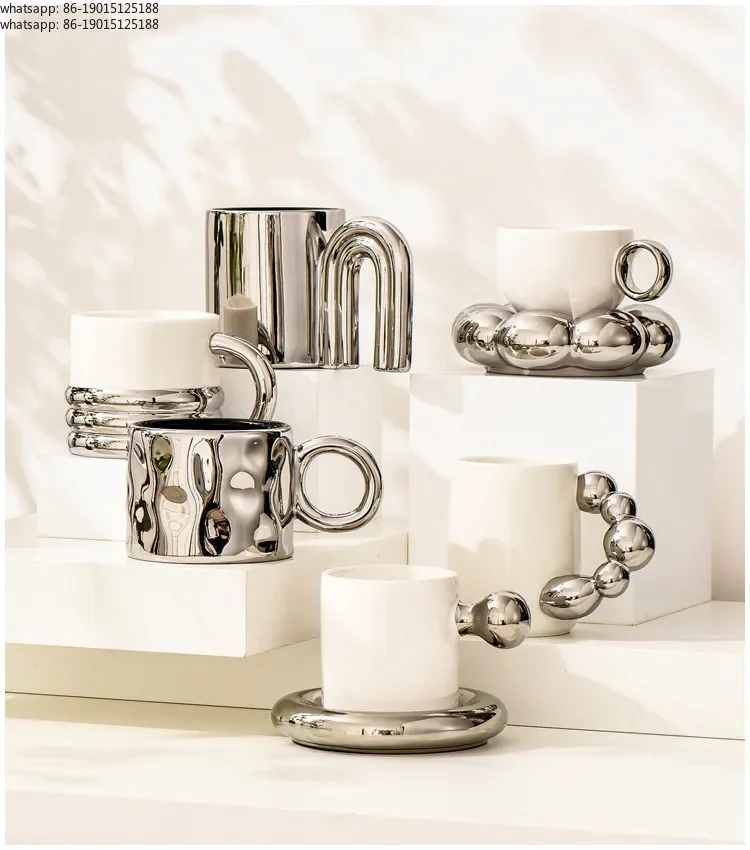 Light luxury silver ceramic cup mug high value coffee cup saucer