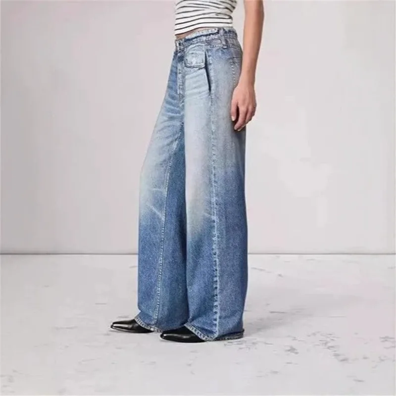 

2026 Jeans Wide Leg Pants Women Denim Mid Waist Washed Pockets Vintage Streetwear Straight Trousers Women Jeans