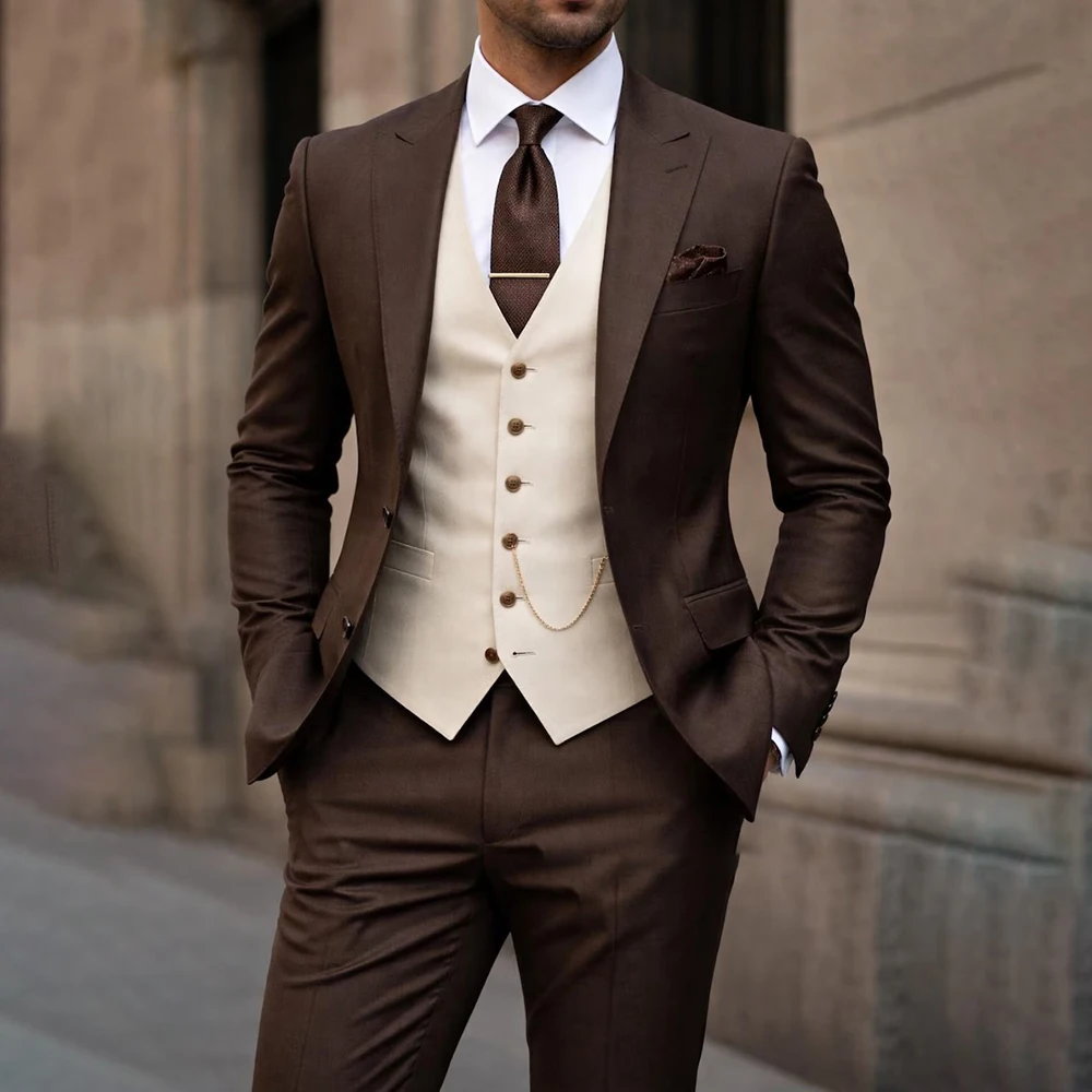

Formal Business 3 Piece Men's Suits Slim Fit Jacket Pants Vest Full Sets High Quality Single Breasted Peak Lapel Male Clohing