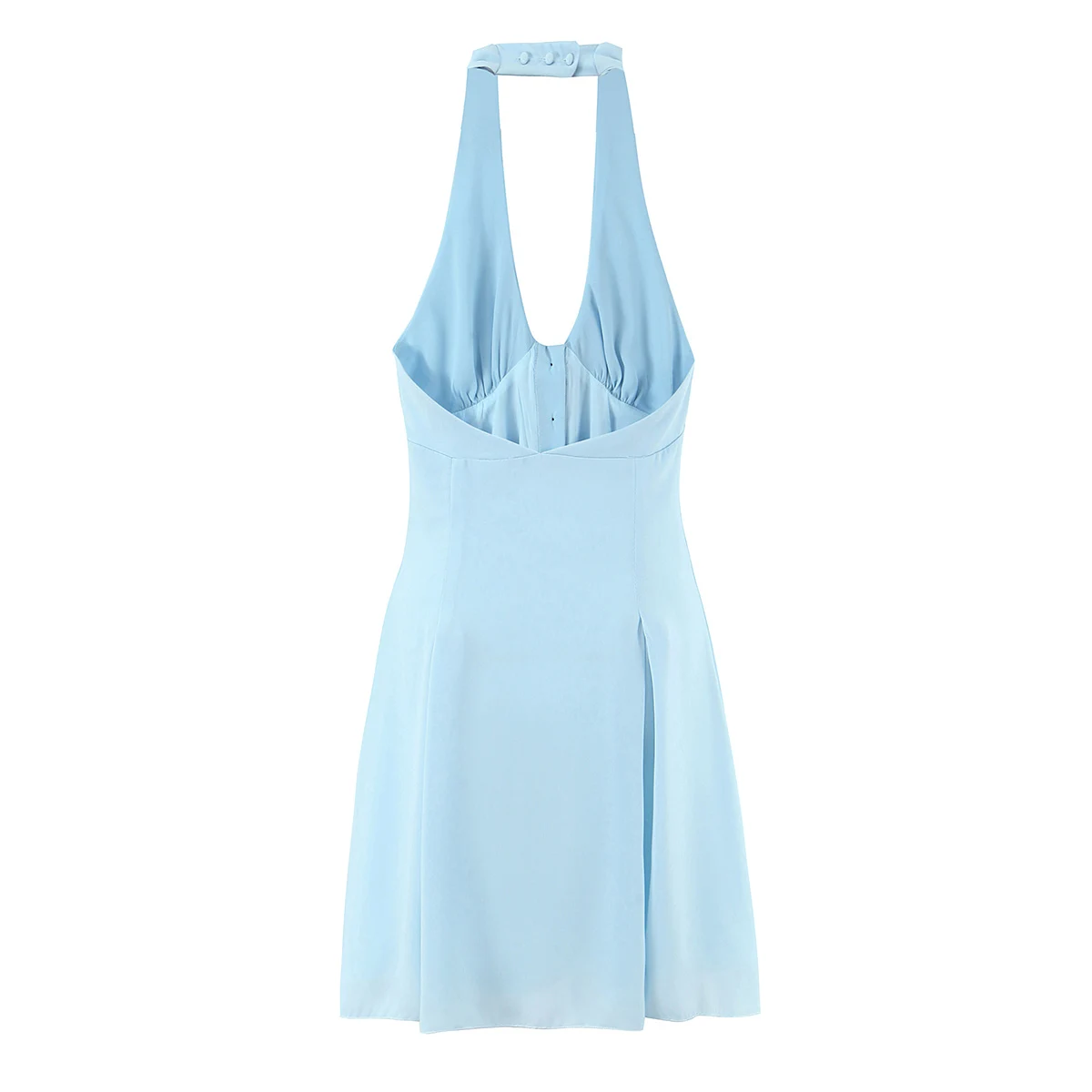 Sexy Light Blue Front Tie Bow Halter Sling Dress Women Open Buttons Backless Slim Waist A-lined Short Dresses Femme Summer Robe