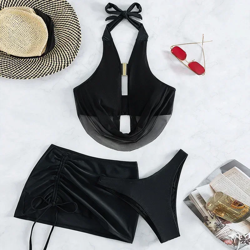 

2025 Sexy Black Halter Bikinis Sets 3 Piece Sexy Swimsuits Cover Up Women Holiday Metal Buckle Swimwear Drawstring Dress Biquini