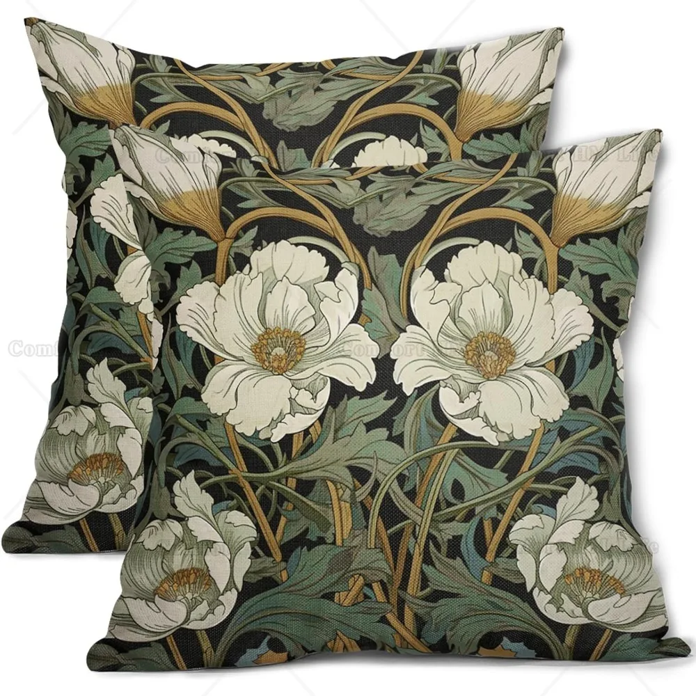 Green Throw Pillow Covers 18x18 Inch Set of 2 Vintage White Floral Flower Outdoor Pillowscase Cotton Linen Square Cushion Covers