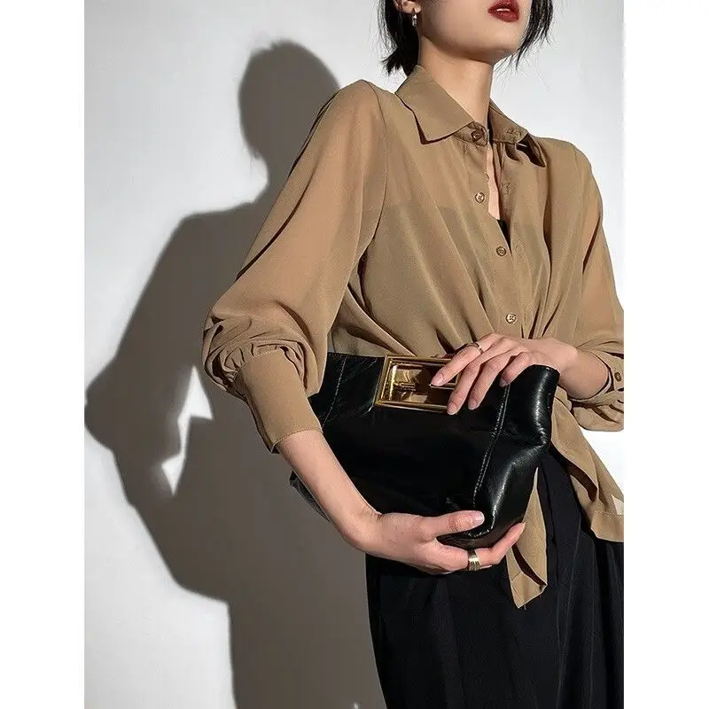 Thin Perspective Loose High Street Blouse Summer New Long Sleeve Solid Casual Shirt Tops Fashion Korean Trend Women Clothing