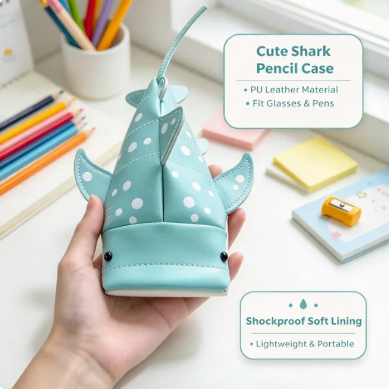 Cute Shark Shaped Glasses Bag Multi-functional Glasses Storage Box Pencil Pouch Creative Stationery Box For Boys And Girls