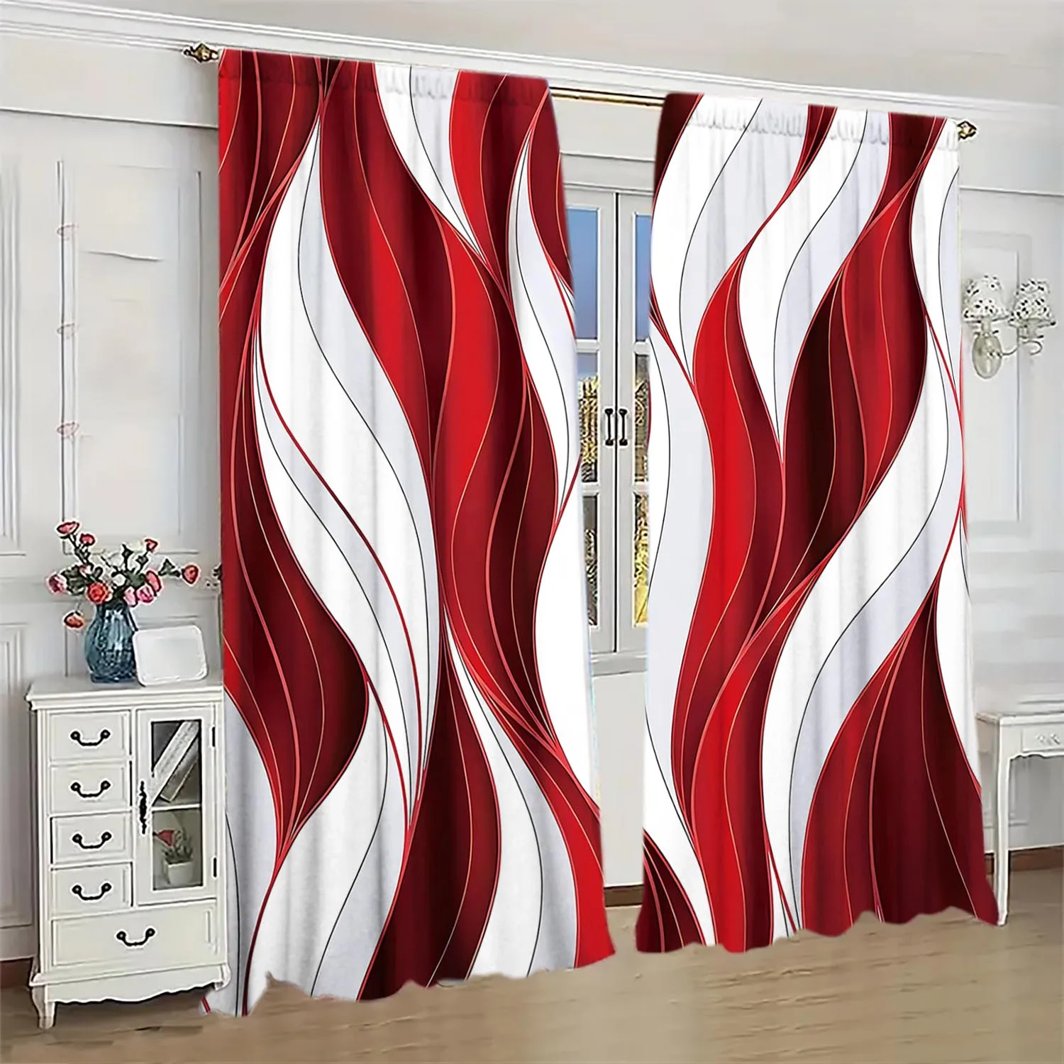 2pcs Modern Abstract Curtains Red and White Wave Window Drapes Elegant Line Fluid Art Decor Living Room Bedroom