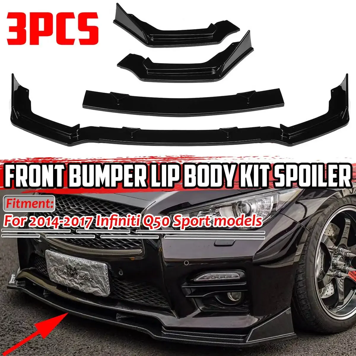 

For Q50 Car Front Bumper Lip Spoiler Splitter Lip Diffuser Bumper Guard Apron For Infiniti Q50 2014-2017 2018-2021 Exterior Part