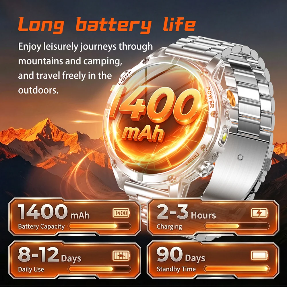 2026 T-REX3 New 1400mAh Military GPS SmartWatch Men 1.7" AMOLED Screen 5ATM Waterproof Clock SOS Call Flashlight Smartwatch IOS
