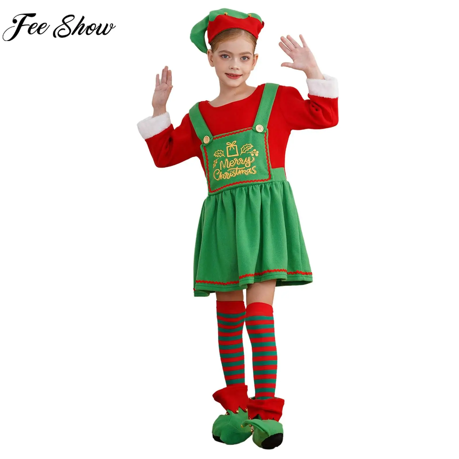 Children Christmas Elf Cosplay Costume Dress or Bodysuit with Hat Shoes Striped Stockings Set for Xmas New Year Party Halloween