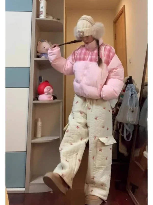 

American Plaid Splicing down Cotton Jaet Women's ort Thi Warm Super Beautiful Bread Trendy Winter Coat Zipper Closure