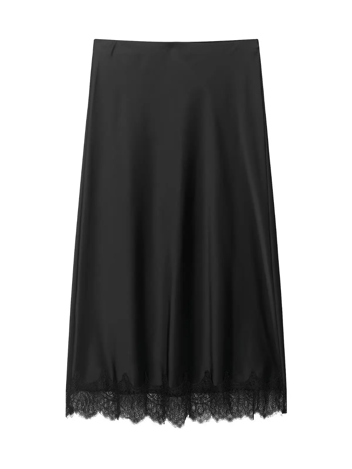 Elegant Lace Patchwork High Waist Silk Satin Feel Midi Skirt Women's Fashion Spring 2026 Slim Fit A-Line Skirt Pure Color