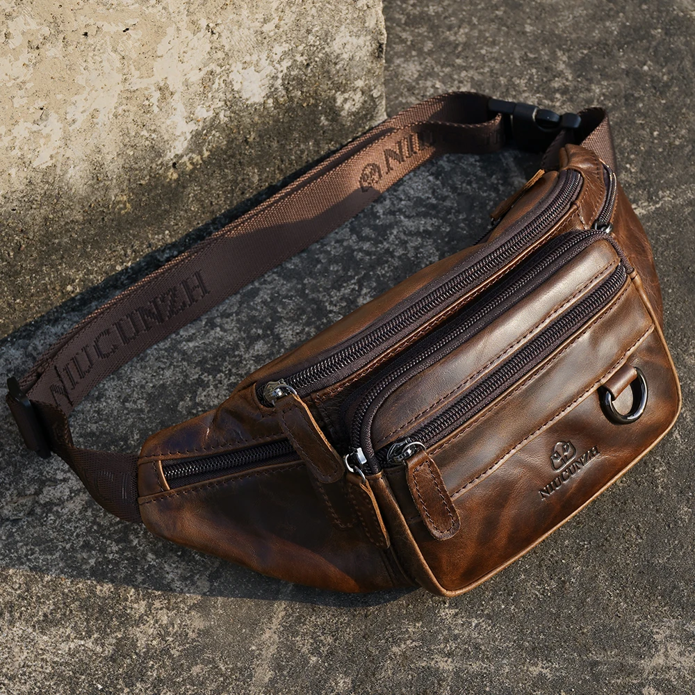 NIUCUNZH Leather Waist Bag Men Shoulder Chest Bags Motorcycle Fanny Pack Husband Phone Pouch Sports Belt Tactical Bags Hip Sack