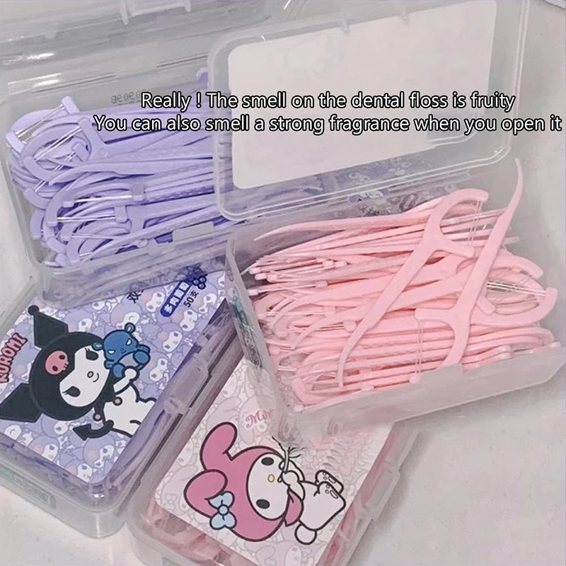 50pcs Sanrio Kuromi Floss Toothpick My Melody Fruit Flavor Dental Floss Pick Toothpick Floss Teeth Cleaner With Storage Box